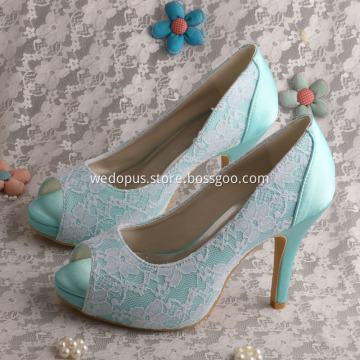 Mint Green Wedding Lace Shoes Heels Open Toe